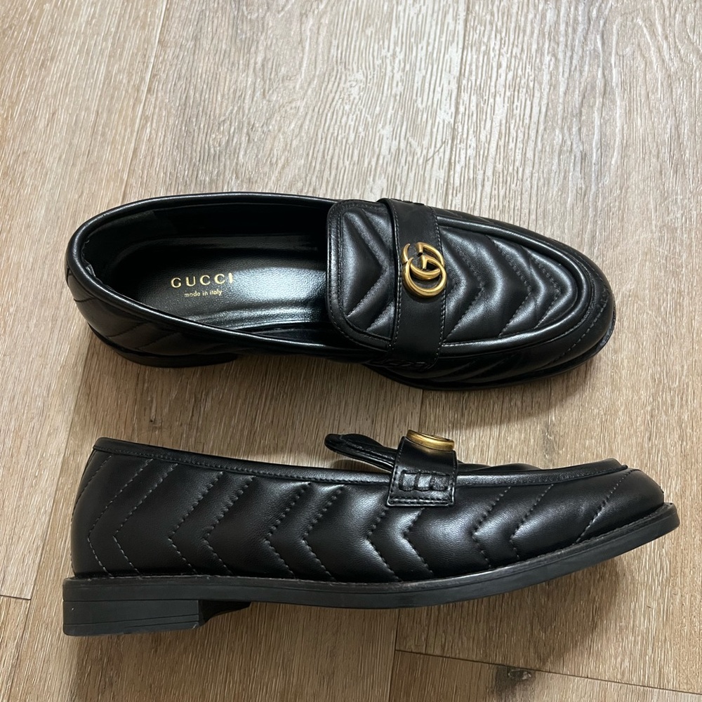Gucci Black Quilted Leather Loafers with Gold Accent